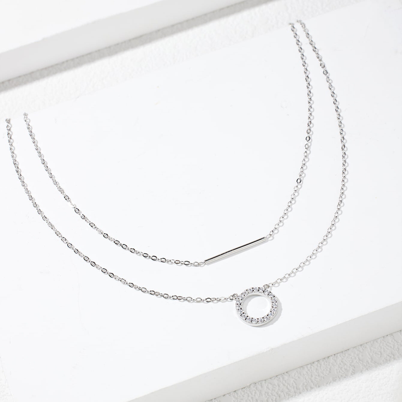 925 Simple Elegant Sterling Silver Round Cubic Zirconia Layered Double-layer Necklace With Long Stick